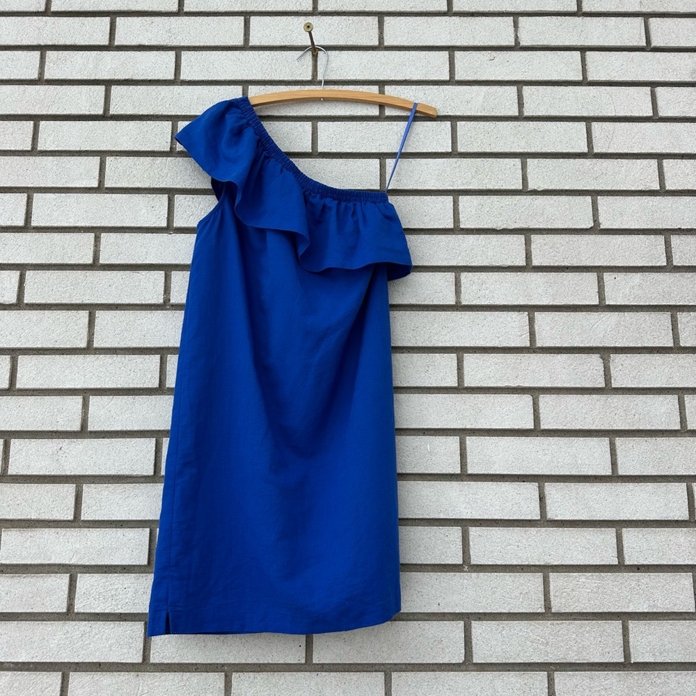 J.Crew Sapphire Blue Linen One Shoulder Ruffle Shift Dress XS Coastal Preppy